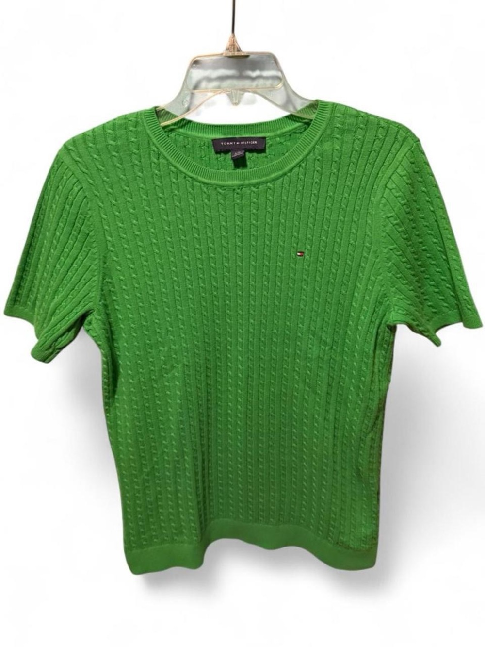 Tommy Hilfiger Women’s Bright Green Cable-Knit Short Sleeve Sweater Tee